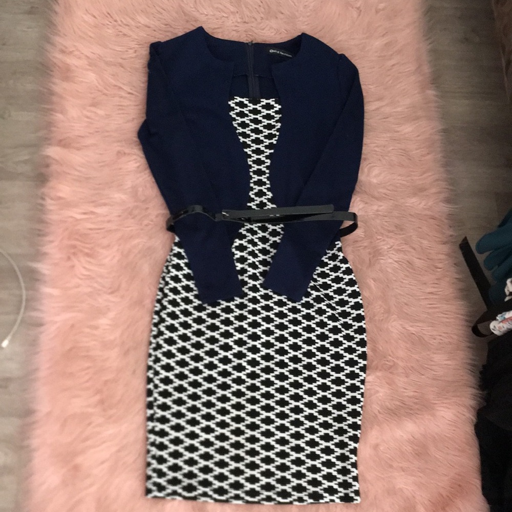 navy blue checkered long sleeve dress